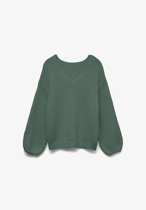 Loszittend, donkergroen gebreide trui met lange mouwen, een V-hals en geribde boorden en zoom.