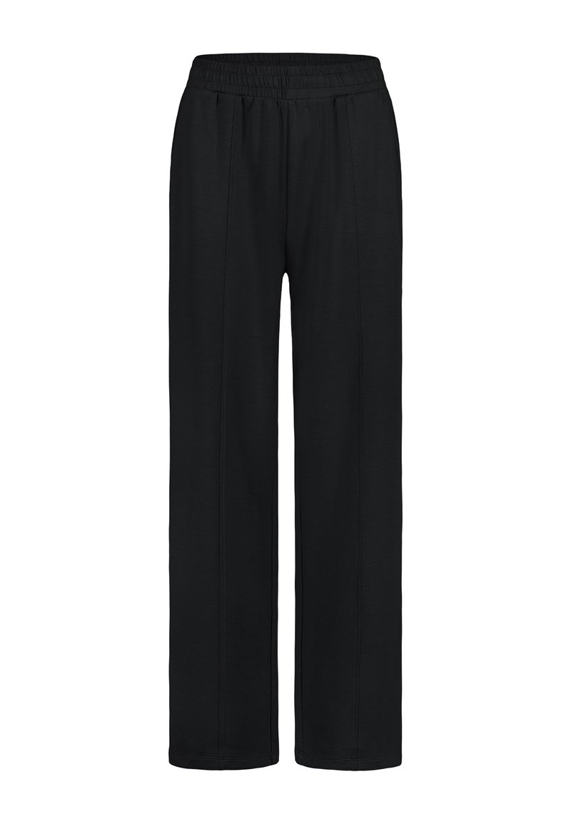 Schwarze Hose mit elastischem Bund, lockere Passform, gerade Beine und minimalen Nähten für ein elegantes Design. Weicher, leichter Stoff.