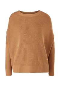Sweter dziany w miękkim kolorze karmelowym, z luźnym krojem, żebrową teksturą oraz szerokim dekoltem typu łódka. Długie rękawy zwężają się przy nadgarstkach.