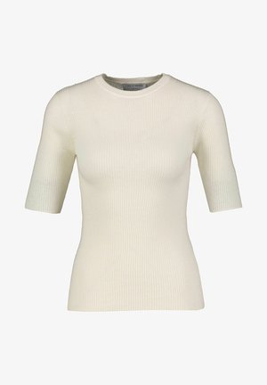 Geripptes, cremefarbenes Kurzarmshirt aus Strickstoff mit rundem Ausschnitt und figurbetontem Schnitt.