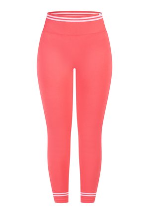 Leggings color corallo con design aderente, realizzati in materiale elasticizzato. Presentano una fascia alta in vita con due strisce bianche nella parte superiore.