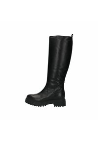 Knielange zwarte leren laarzen met een gladde afwerking, dikke zool en subtiele zijnaaddetails. Ontworpen voor duurzaamheid en comfort.