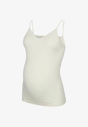 Camisola de maternidad color crema con tirantes finos ajustables y escote en V, diseñada para adaptarse a una barriga de embarazo.