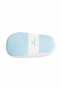 Soletta bianca con un motivo a griglia blu, caratterizzata da una texture liscia. Logo "SUPERGA" in azzurro nella parte centrale bianca.