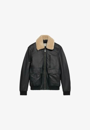 Giubbotto bomber in pelle nera con colletto in pelliccia sintetica beige, chiusura frontale con zip, due grandi tasche anteriori e polsini e fondo a costine.