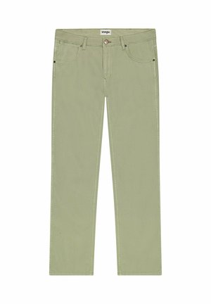 Lichtgroene katoenen broek met een rechte pijpdesign, voorzien van een knoopsluiting, riemlussen en twee zijzakken.