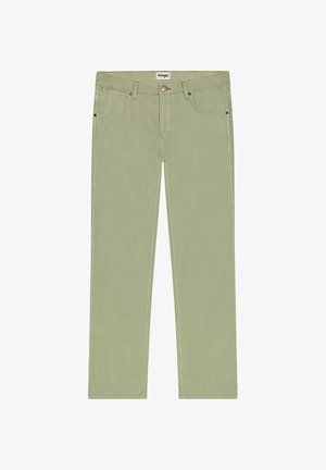 Pantalon en coton vert clair avec un design à jambe droite, doté d'une fermeture à bouton, de passants de ceinture et de deux poches avant.