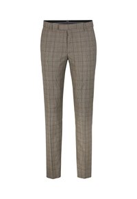 Beige karierte Herrenhose mit feinen, dunklen und hellen Linien. Figurbetonter Schnitt und glattes Textil. Verfügt über Taschen und einen Gürtelschlaufen.