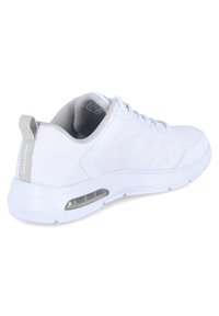 Skechers sneaker in white mesh with a padded collar, lace-up design, and air-cushioned sole, featuring a pull tab at the heel.