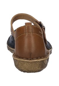 Parte trasera de una sandalia de cuero marrón con una correa, material azul en los lados que contrasta, suela de goma texturizada con un patrón floral.