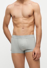 Homme torse nu portant un boxer gris clair avec un logo Diesel visible sur la ceinture sur fond uni.