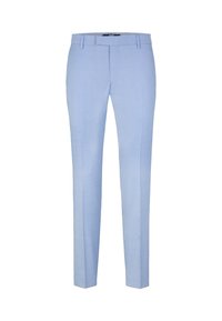 Hellblaue Hose aus einem strukturierten Stoff, mit einem geraden Bein-Design, traditionellem Bund und ohne sichtbare Verzierungen.