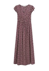 Robe maxi à manches courtes, violette avec un motif floral. Équipée d'un corsage smocké et d'une jupe fluide. Tissu léger pour un confort optimal.