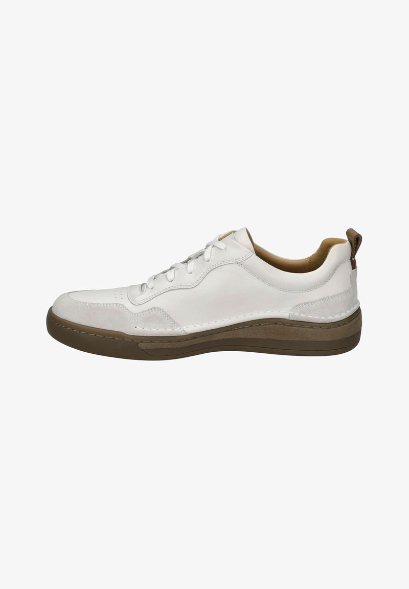 Weiße Ledersneaker mit Wildlederakzenten, runder Zehenpartie, Schnürdesign, Gummisohle und einer Lasche an der Rückseite für einfaches An- und Ausziehen.