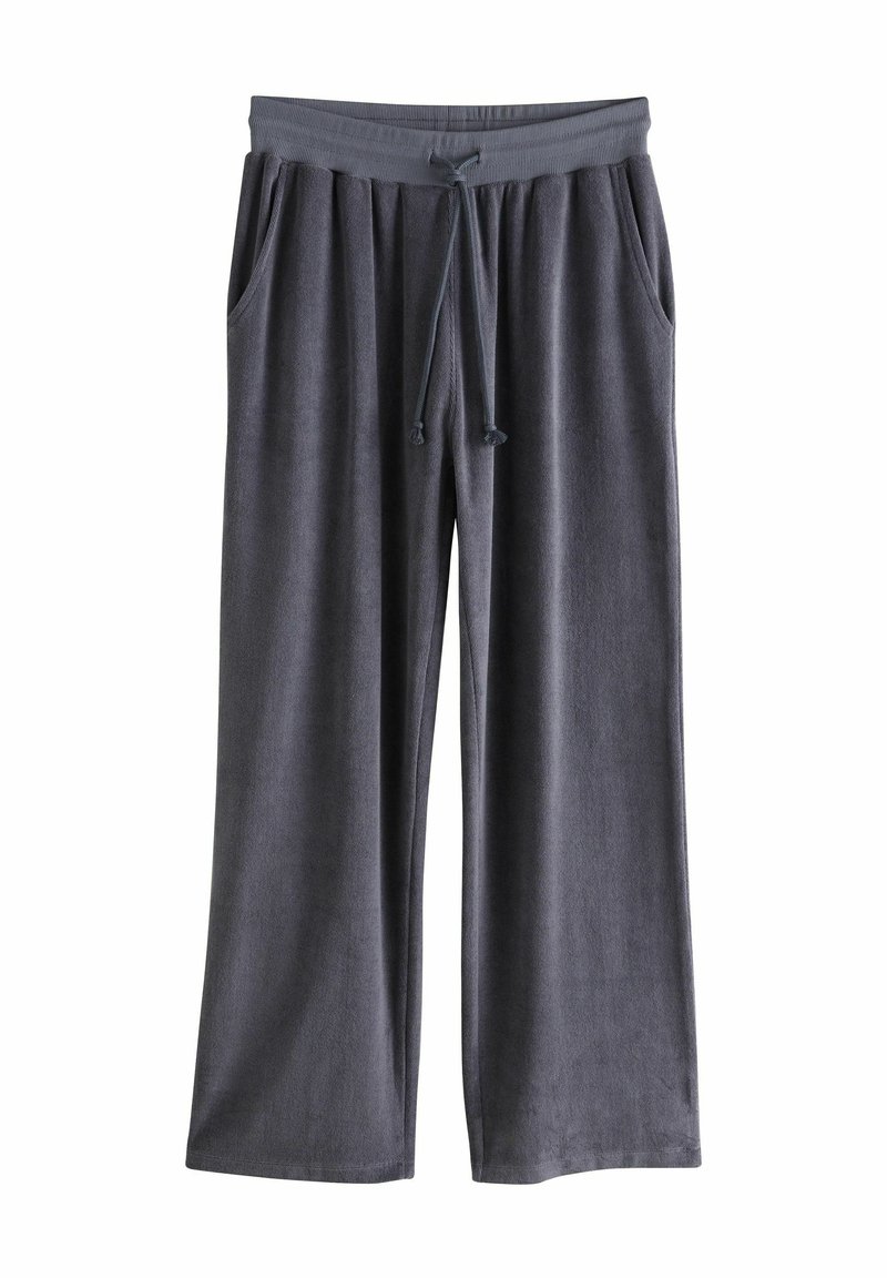 Pantalones de pierna ancha de tejido suave en color gris, con cintura elástica y cordón, que cuentan con dos bolsillos laterales y una textura lisa.