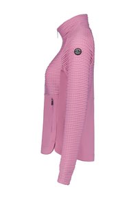 Giacca a zip rosa chiaro con maniche a coste testurizzate, colletto rialzato e tasca laterale. Presenta un badge con logo sulla spalla.