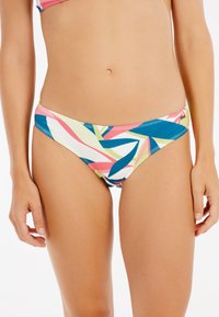 Bikiniunderdelar med ett flerfärgat geometriskt mönster i nyanser av rosa, blått och grönt. Tillverkade av mjukt, elastiskt material.