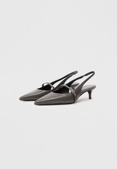 Slingback kočičí podpatky z tmavě šedé kůže, s špičatou špičkou a tenkým páskem kolem kotníku s kovovou sponou. Hladká textura, minimalistický design.
