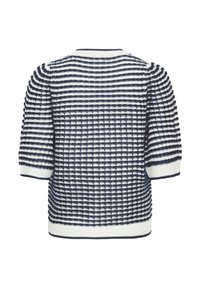 Pulover tricotat cu dungi albastre și albe, cu mâneci bufante până la cot și tiv și manșete striate, văzut din spate.