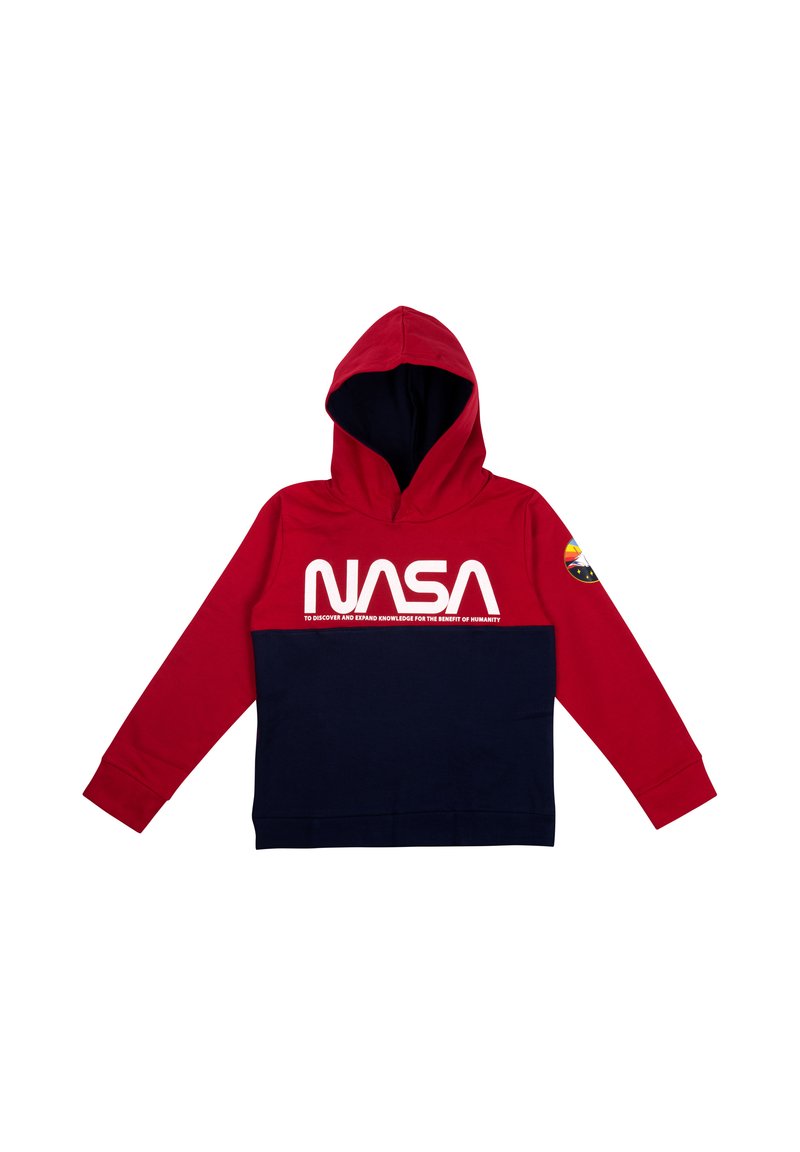 Felpa con cappuccio rossa e blu navy caratterizzata da un grande logo "NASA" bianco, texture morbida e una toppa circolare su una manica.