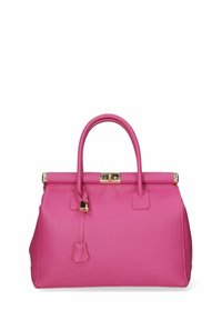 Bolso de mano de piel rosa con un diseño estructurado, doble asa, acentos de hardware dorado y cierre de broche. Superficie texturizada con un acabado suave.