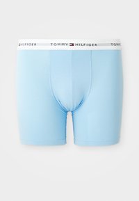 Himmelblaue Herren-Boxershorts mit einem weißen elastischen Bund, auf dem der Text und das Logo von "Tommy Hilfiger" zu sehen sind.