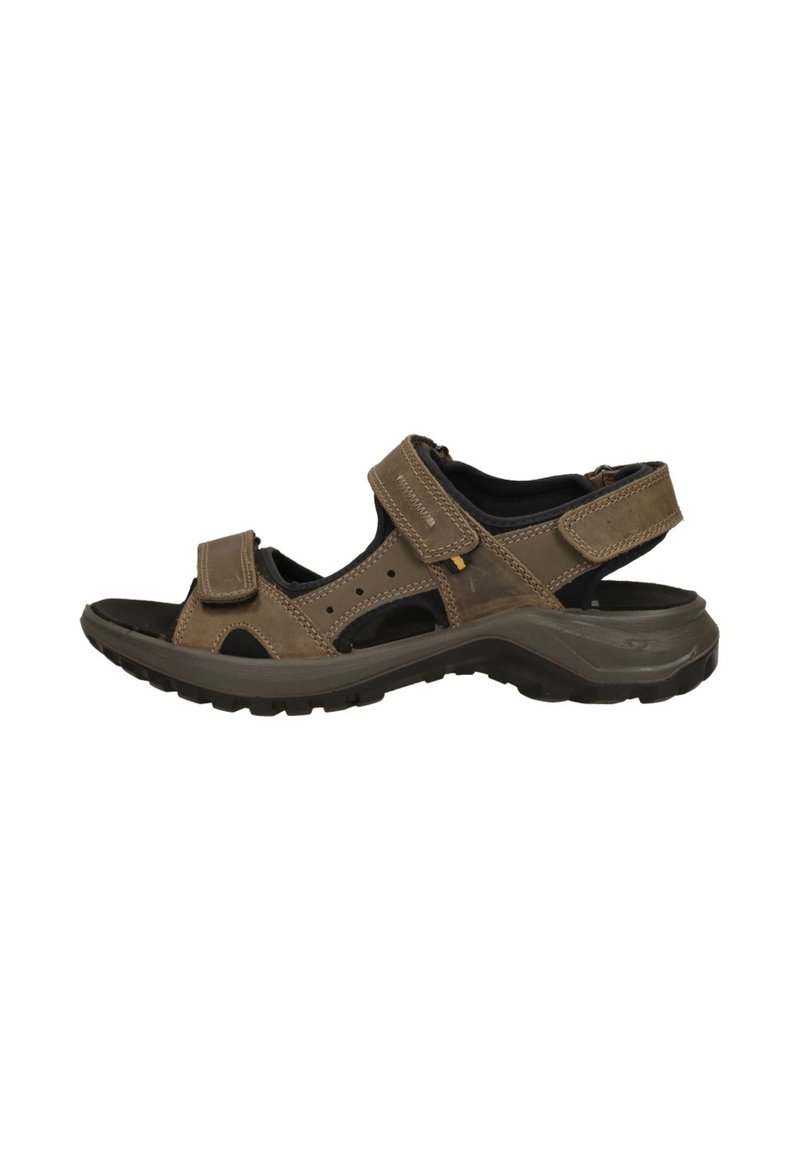 Brown leather sandal with adjustable Velcro straps, open toe design, and textured sole for grip. Features perforated upper for breathability.