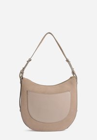 Borsa a tracolla in pelle beige dalla forma curva, con una tasca frontale liscia. Dotata di una tracolla sottile e di discreti dettagli in metallo.