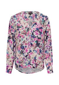 Blusa floreale in tessuto leggero e trasparente con una combinazione di fiori rosa, viola e blu, scollatura a V e maniche lunghe. Orlo arrotondato.