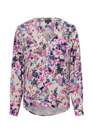Blumenbluse aus leichtem, durchsichtigem Stoff mit einer Mischung aus rosa, lila und blauen Blumen, V-Ausschnitt und langen Ärmeln. Abgerundeter Saum.