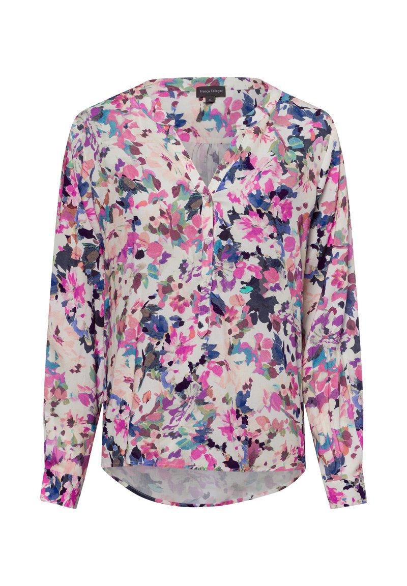Blusa floreale in tessuto leggero e trasparente con una combinazione di fiori rosa, viola e blu, scollatura a V e maniche lunghe. Orlo arrotondato.