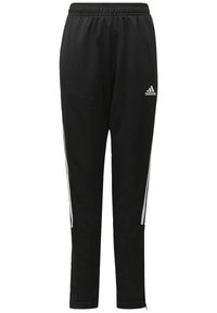 Pantalones deportivos negros hechos de una tela suave, con un diseño ajustado, cinturilla elástica y franjas laterales blancas. Incluyen bolsillos con cremallera.