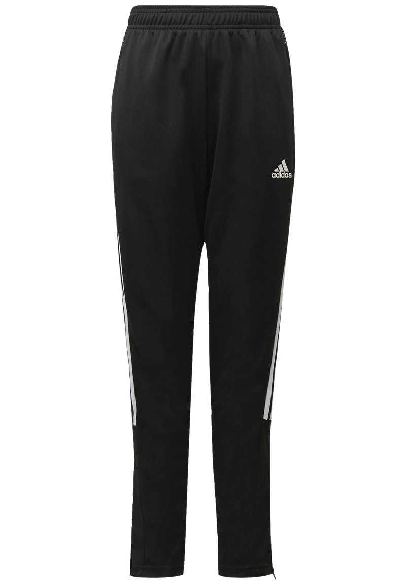 Pantalones deportivos negros hechos de una tela suave, con un diseño ajustado, cinturilla elástica y franjas laterales blancas. Incluyen bolsillos con cremallera.