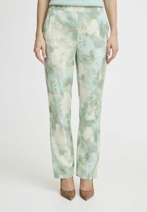 Lichte, gestreepte broek in pastelgroen en beige, met een ontspannen pasvorm, zijzakken en een gladde textuur.