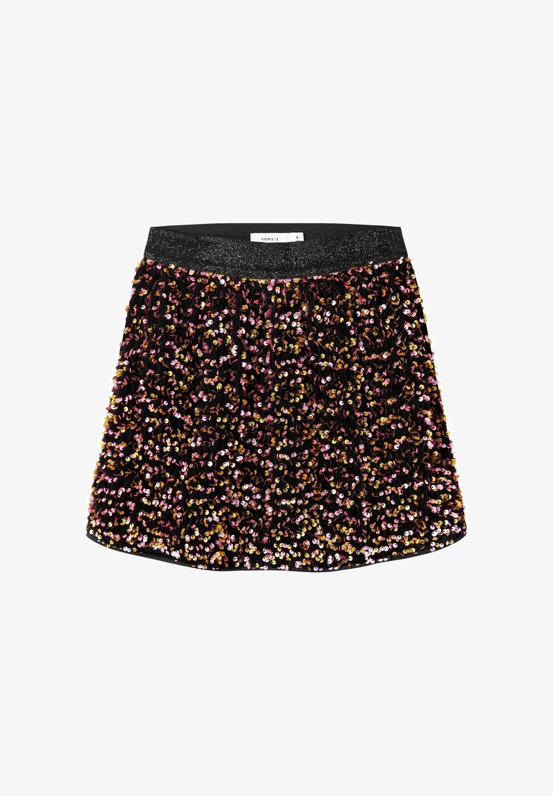 Black sequin skirt with multicolored round sequins in pink, gold, and silver. Features a wide, textured black waistband. Short, flared design.