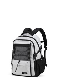 Sac à dos gris et noir avec des bretelles réglables, plusieurs compartiments zippés, une poche en mesh et un détail de logo à l'avant. Tissu durable.