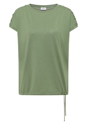 Haut vert à manches courtes avec col rond, cordon latéral à l'ourlet et détails tressés aux épaules, de la marque Cecil.