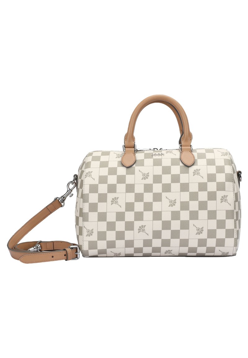 Borsa a mano a scacchi beige e bianca con accenti floreali grigi, manici in pelle color cammello e tracolla staccabile, forma rettangolare con chiusura a zip.