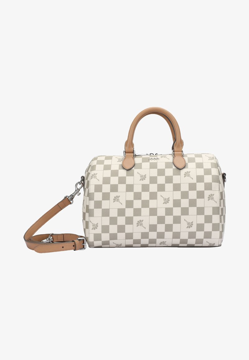 Borsa a mano a scacchi beige e bianca con accenti floreali grigi, manici in pelle color cammello e tracolla staccabile, forma rettangolare con chiusura a zip.