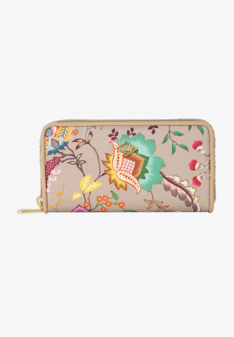 Monedero con patrón floral en beige, con colores vibrantes y una textura suave. Incluye cierre de cremallera en tono dorado y el logotipo de la marca en la parte frontal.