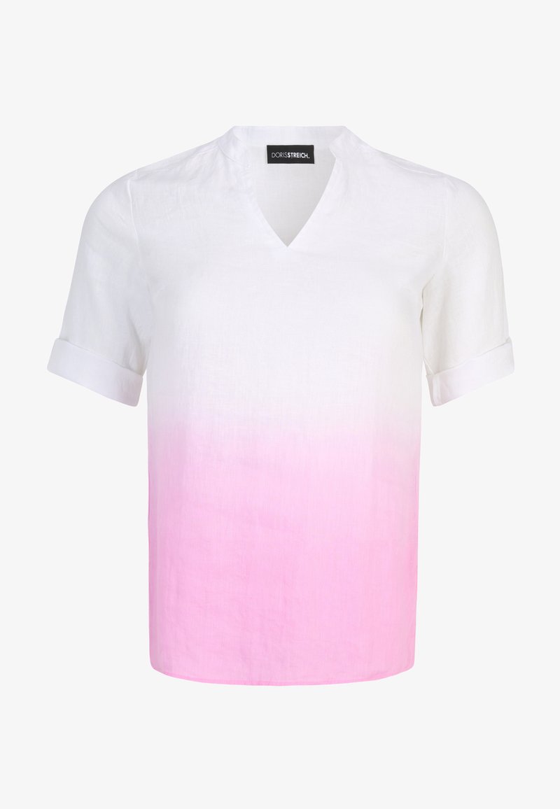 Weißes und pinkfarbenes Ombre-Leinenhemd mit kurzen, aufgerollten Ärmeln und V-Ausschnitt. Sanfte Textur mit einem allmählichen Farbverlauf von Weiß nach Pink.