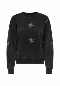 Sweat-shirt noir en tissu doux avec des accents d'étoiles en strass, col rond, poignets côtelés et coupe décontractée.