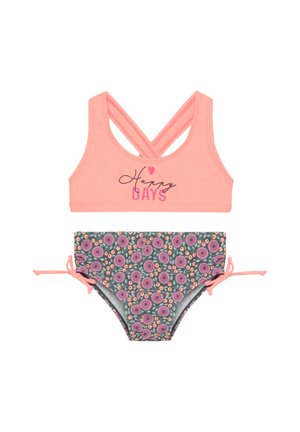 Costume da bagno a due pezzi con top rosa incrociato con stampa "Happy Days" e parte inferiore grigia con motivo floreale multicolore e laccetti.