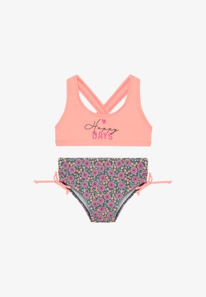 Costume da bagno a due pezzi con top rosa incrociato con stampa "Happy Days" e parte inferiore grigia con motivo floreale multicolore e laccetti.