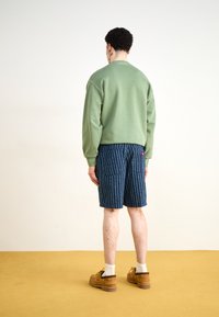 Grønn hettegenser, marineblå mønstrete shorts med vertikale hvite striper, brune sko og hvite sokker; stående bakfra mot en nøytral bakgrunn.