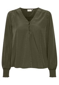 Blouse vert olive foncé avec col en V, manches longues et deux boutons décoratifs à l'avant. Tissu texturé avec un motif discret à pois.