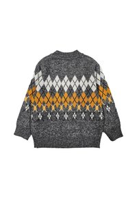 Maglione lavorato a maglia in grigio con motivo argyle in arancione, bianco e nero. Presenta uno scollo rotondo e polsini e orlo a costine.