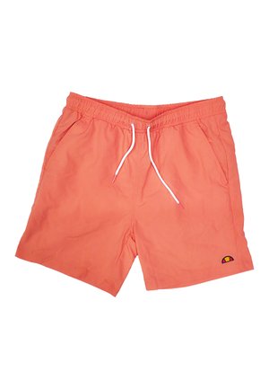 Korallenfarbene Badeshorts mit elastischem Bund, weißem Kordelzug, Seitentaschen und kleinem buntem Logo am linken Bein.