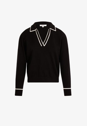 Pull en maille noir avec un col en V et un col blanc contrastant. Présente des bordures blanches sur les manches. Texture douce, coupe décontractée.