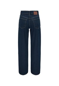 Tumed sinised teksad vabalt istuva lõikega, kõrge vöökohaga, kahe tagataskuga ja nahkpaat vöökohtadel, valmistatud denim kangast.